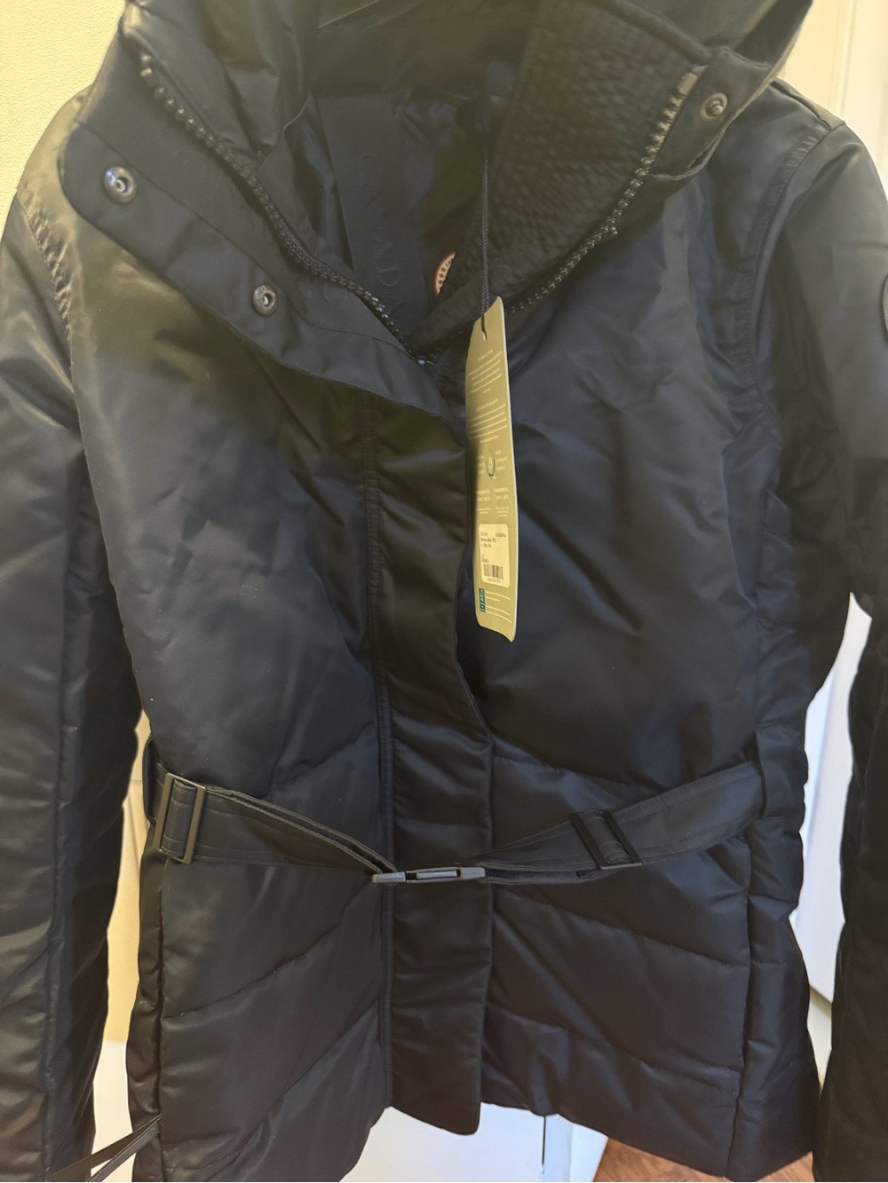 Women’s Black Quilted belted Canada Good Jacket
